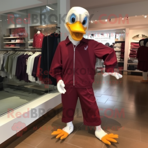 Maroon Muscovy Duck mascot costume character dressed with a Jumpsuit and Shoe clips