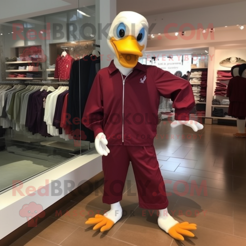 Maroon Muscovy Duck mascot costume character dressed with a Jumpsuit and Shoe clips Maroon Muscovy Duck mascot costume character dressed with a Jumpsuit and Shoe clips