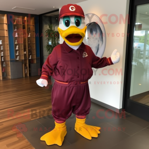 Maroon Muscovy Duck mascot costume character dressed with a Jumpsuit and Shoe clips