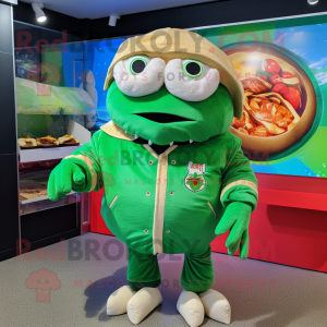 Green Crab Cakes mascot costume character dressed with a Bomber Jacket and Shawls