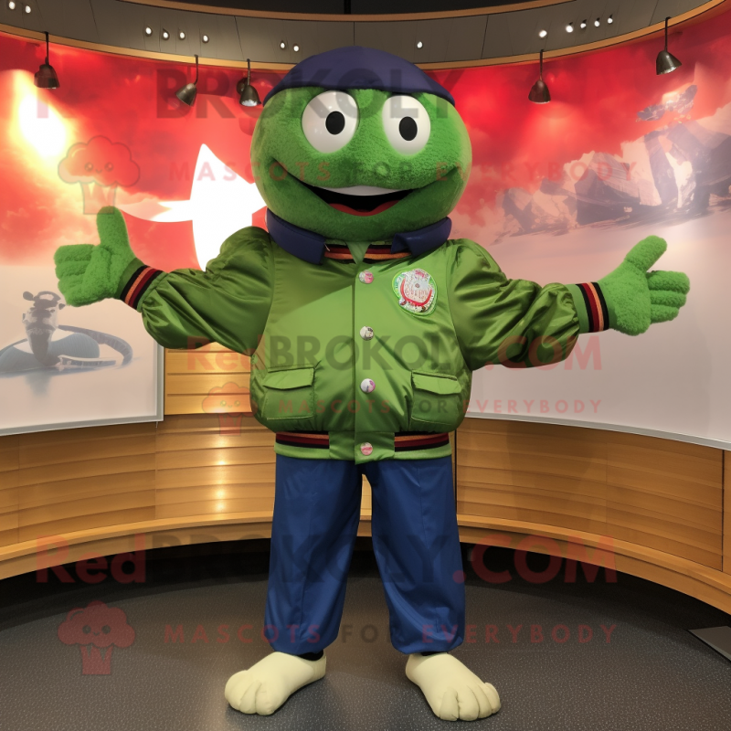 Green Crab Cakes mascot costume character dressed with a Bomber Jacket and Shawls