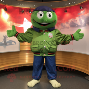 Green Crab Cakes mascot costume character dressed with a Bomber Jacket and Shawls