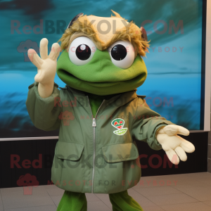 Green Crab Cakes mascot costume character dressed with a Bomber Jacket and Shawls