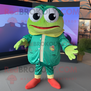 Green Crab Cakes mascot costume character dressed with a Bomber Jacket and Shawls