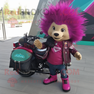 Magenta Porcupine mascot costume character dressed with a Biker Jacket and Tote bags