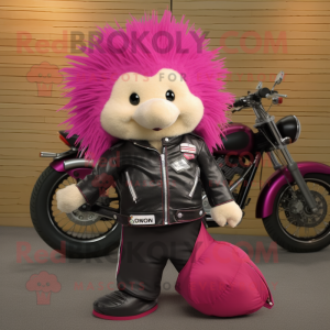 Magenta Porcupine mascot costume character dressed with a Biker Jacket and Tote bags