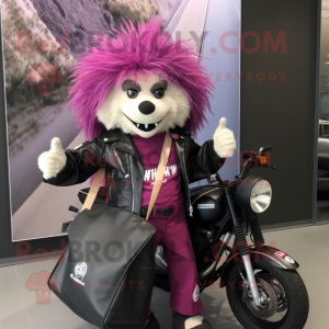 Magenta Porcupine mascot costume character dressed with a Biker Jacket and Tote bags