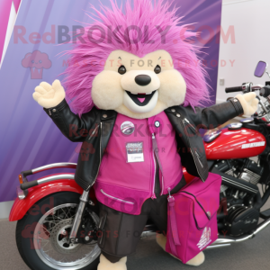 Magenta Porcupine mascot costume character dressed with a Biker Jacket and Tote bags