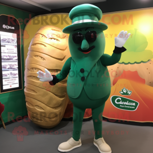 Forest Green Croissant mascot costume character dressed with a Swimwear and Berets
