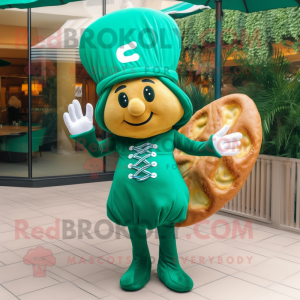 Forest Green Croissant mascot costume character dressed with a Swimwear and Berets