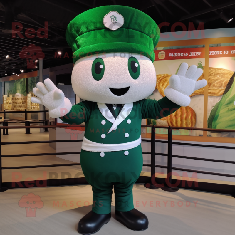 Forest Green Croissant mascot costume character dressed with a Swimwear and Berets Forest Green Croissant mascot costume character dressed with a Swimwear and Berets