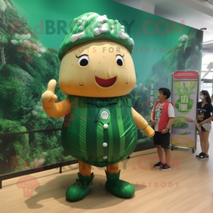 Forest Green Croissant mascot costume character dressed with a Swimwear and Berets