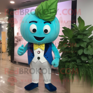 Sky Blue Spinach mascot costume character dressed with a Suit Pants and Bow ties