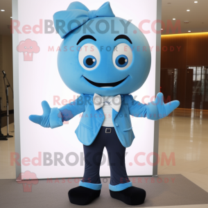 Sky Blue Spinach mascot costume character dressed with a Suit Pants and Bow ties