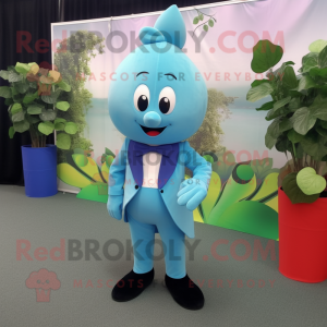 Sky Blue Spinach mascot costume character dressed with a Suit Pants and Bow ties