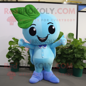 Sky Blue Spinach mascot costume character dressed with a Suit Pants and Bow ties
