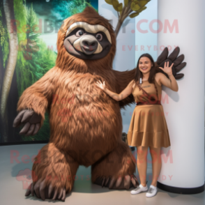 Brown Giant Sloth mascot costume character dressed with a Mini Skirt and Cummerbunds