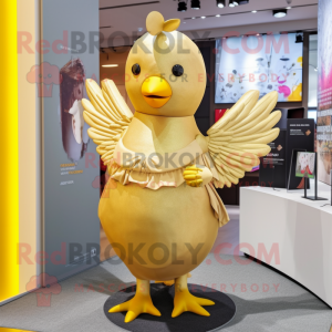 Gold Dove mascot costume character dressed with a Wrap Skirt and Hairpins