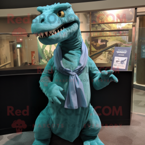 Teal Allosaurus mascot costume character dressed with a Culottes and Shawl pins