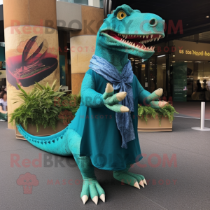 Teal Allosaurus mascot costume character dressed with a Culottes and Shawl pins