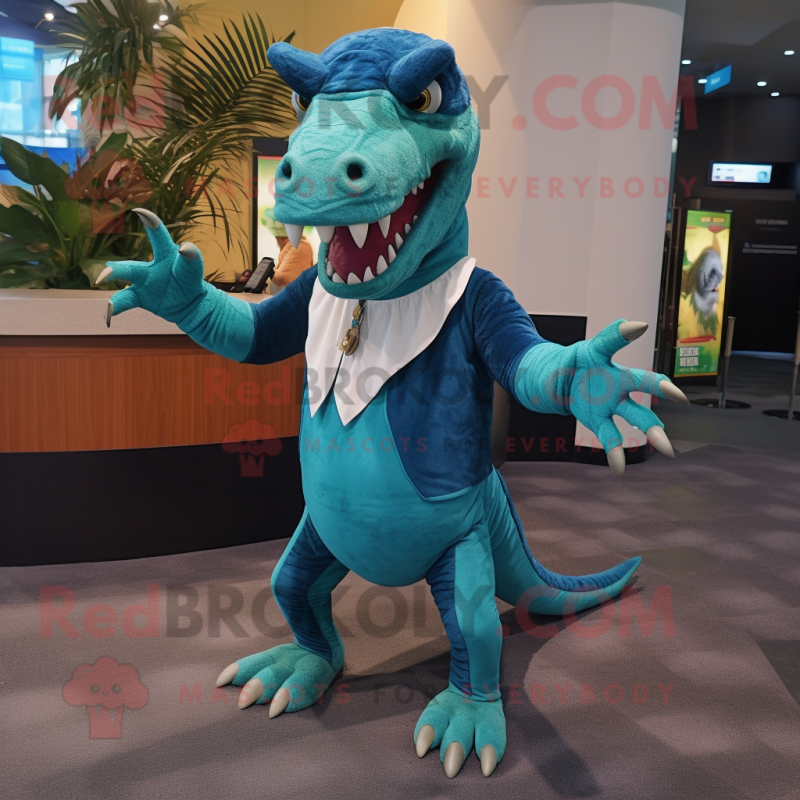 Teal Allosaurus mascot costume character dressed with a Culottes and Shawl pins Teal Allosaurus mascot costume character dressed with a Culottes and Shawl pins