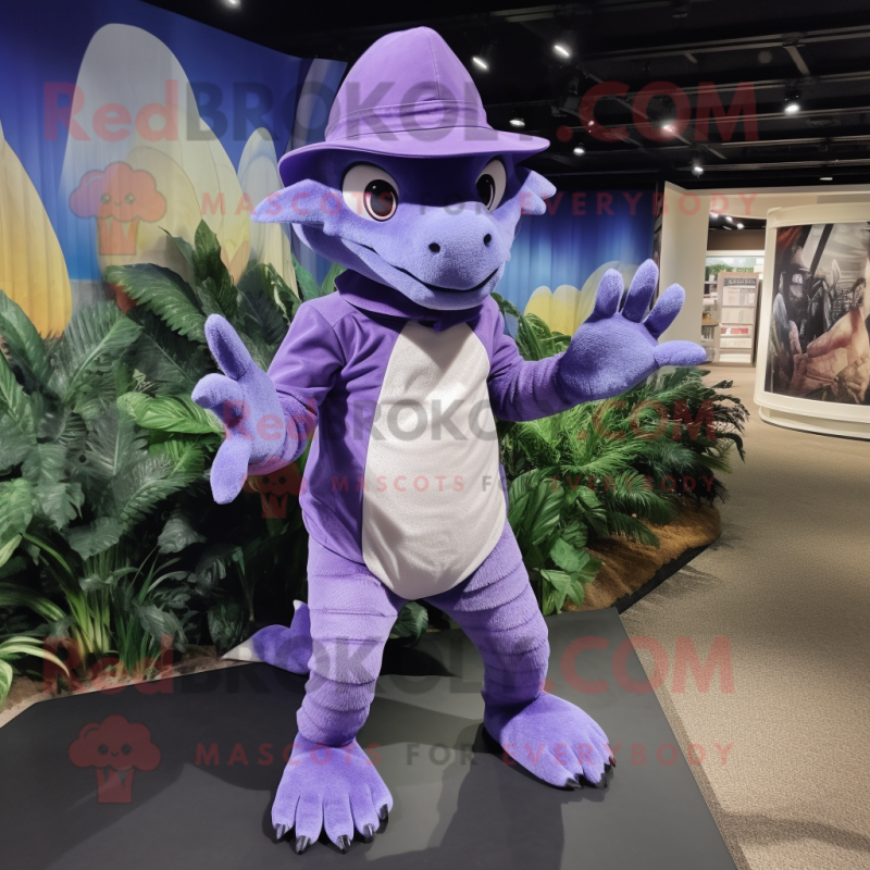 Lavender Chupacabra mascot costume character dressed with a Jeggings and Hats