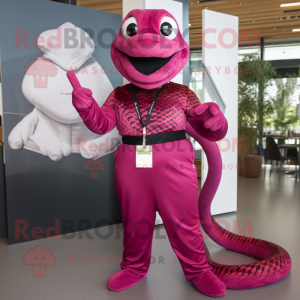 Magenta Python mascot costume character dressed with a Shift Dress and Suspenders