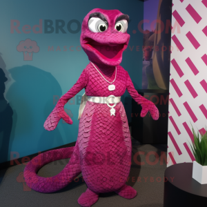 Magenta Python mascot costume character dressed with a Shift Dress and Suspenders