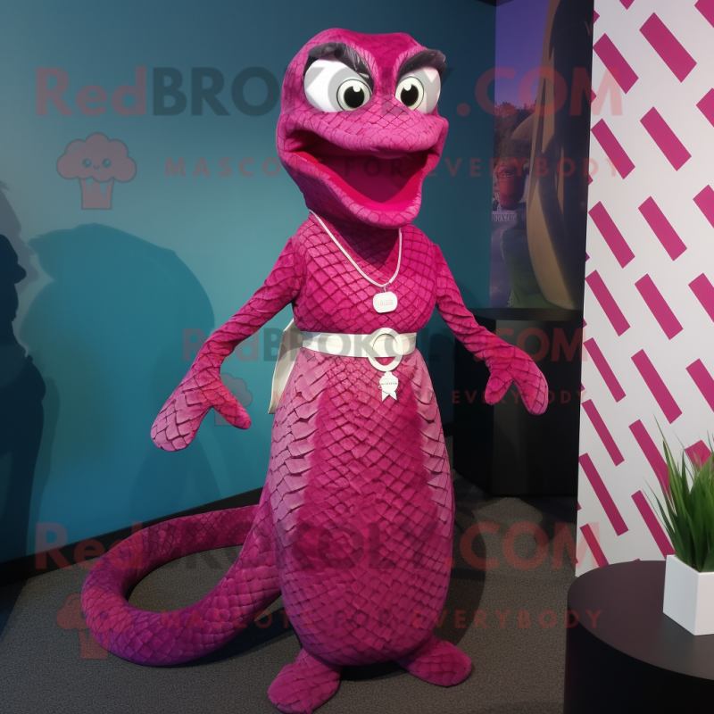 Magenta Python maskot kostym karaktär klädd med en Shift Dress och hängslen - Python Mascots - REDBROKO_34978 - RedBrokoly.com