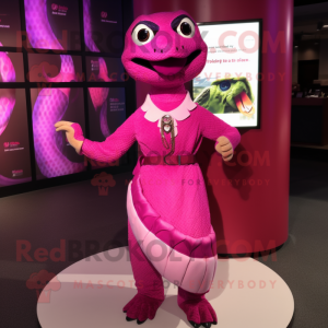 Magenta Python mascot costume character dressed with a Shift Dress and Suspenders