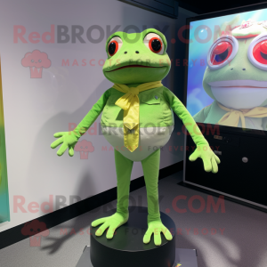 Lime Green Frog mascot costume character dressed with a Button-Up Shirt and Anklets