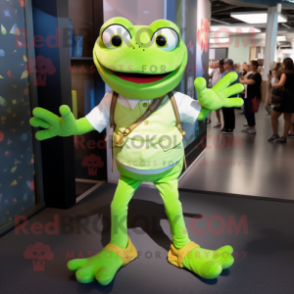 Lime Green Frog mascot costume character dressed with a Button-Up Shirt and Anklets