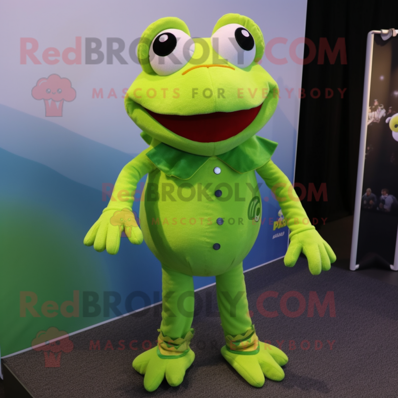 Lime Green Frog mascot costume character dressed with a Button-Up Shirt and Anklets