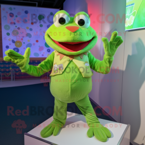 Lime Green Frog mascot costume character dressed with a Button-Up Shirt and Anklets