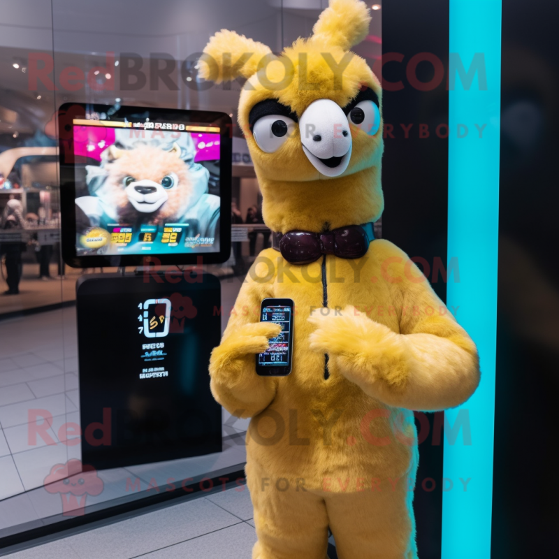 Gold Llama mascot costume character dressed with a Turtleneck and Digital watches