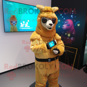 Gold Llama mascot costume character dressed with a Turtleneck and Digital watches