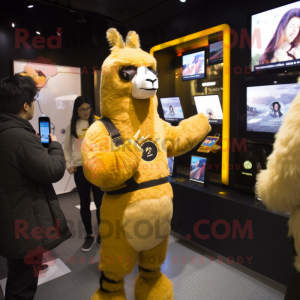 Gold Llama mascot costume character dressed with a Turtleneck and Digital watches