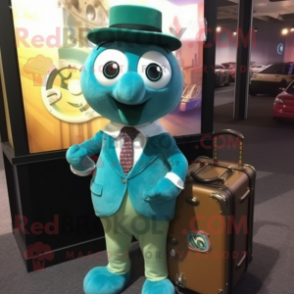 Teal Hourglass mascot costume character dressed with a Button-Up Shirt and Briefcases