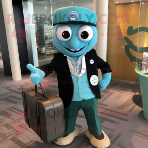 Teal Hourglass mascot costume character dressed with a Button-Up Shirt and Briefcases