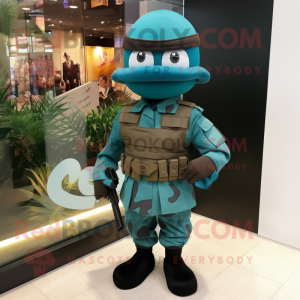 Teal Commando mascot costume character dressed with a A-Line Skirt and Ties
