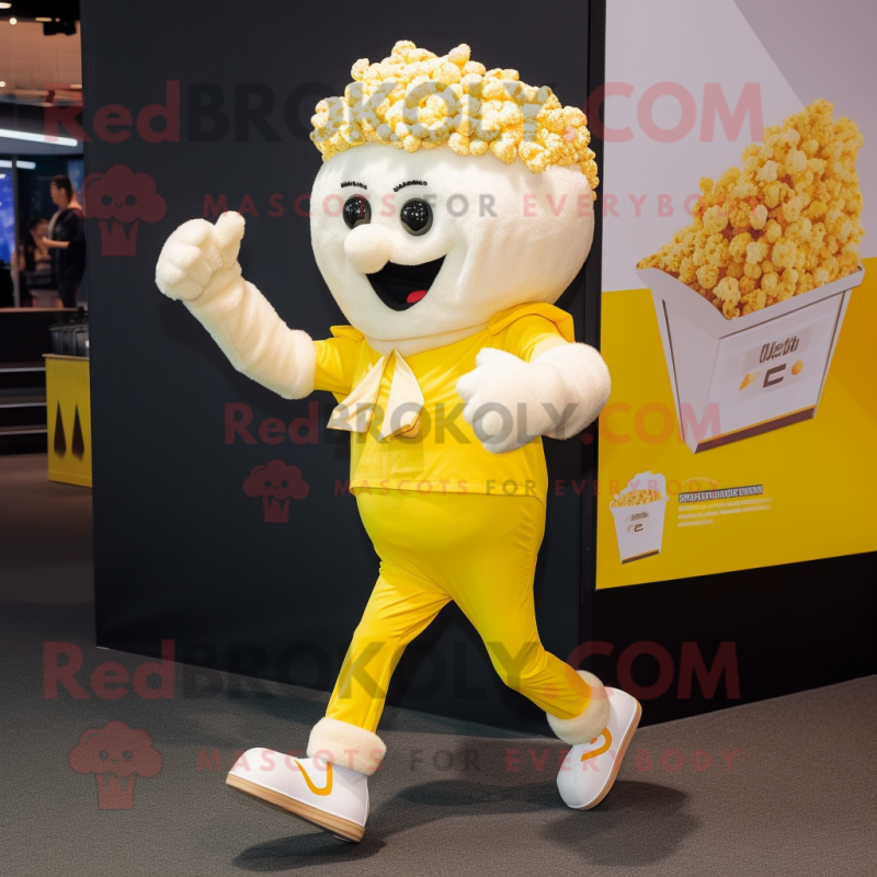 Yellow Pop Corn mascot costume character dressed with a Running Shorts and Pocket squares Yellow Pop Corn mascot costume character dressed with a Running Shorts and Pocket squares