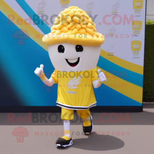 Yellow Pop Corn mascot costume character dressed with a Running Shorts and Pocket squares