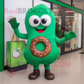 Forest Green Donut mascot costume character dressed with a Shift Dress and Tote bags