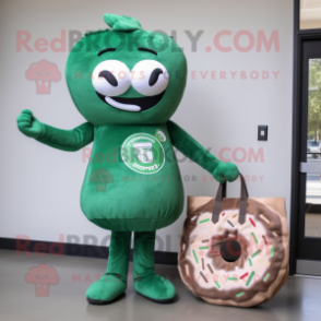 Forest Green Donut mascot costume character dressed with a Shift Dress and Tote bags