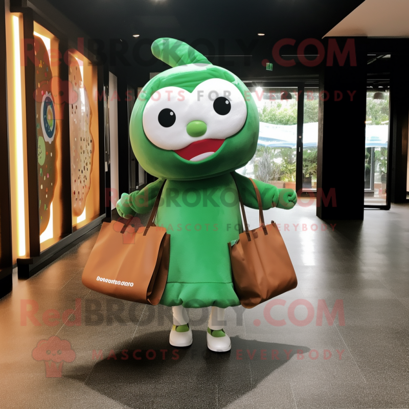 Forest Green Donut mascot costume character dressed with a Shift Dress and Tote bags Forest Green Donut mascot costume character dressed with a Shift Dress and Tote bags