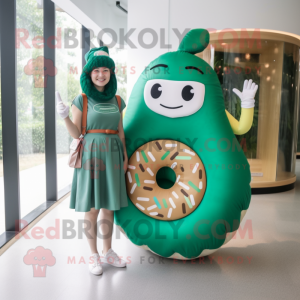 Forest Green Donut mascot costume character dressed with a Shift Dress and Tote bags