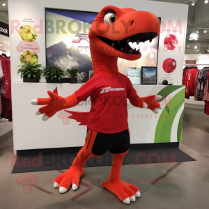 Red Deinonychus mascot costume character dressed with a Running Shorts and Tote bags