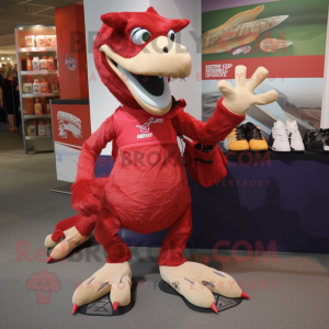 Red Deinonychus mascot costume character dressed with a Running Shorts and Tote bags