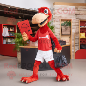 Red Deinonychus mascot costume character dressed with a Running Shorts and Tote bags
