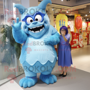 Sky Blue Ogre mascot costume character dressed with a Shift Dress and Eyeglasses